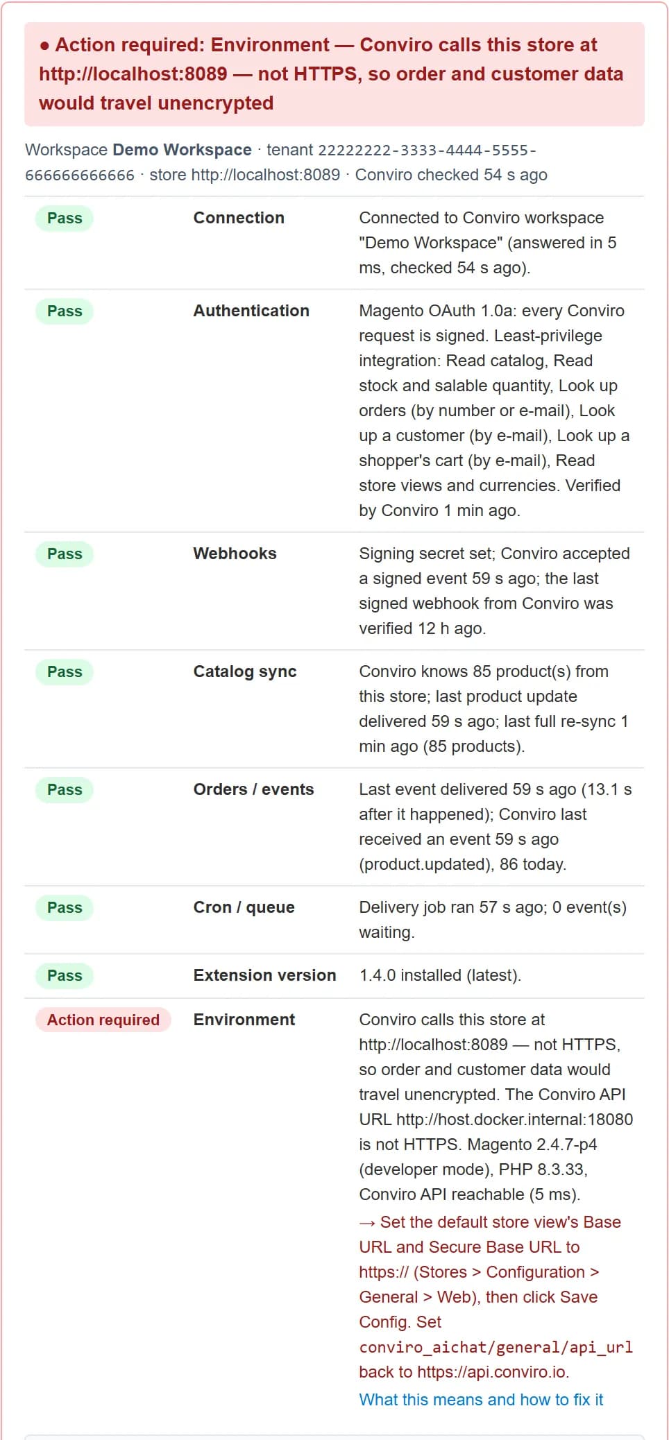 The Integration Health card in the Magento admin, listing each check with its status