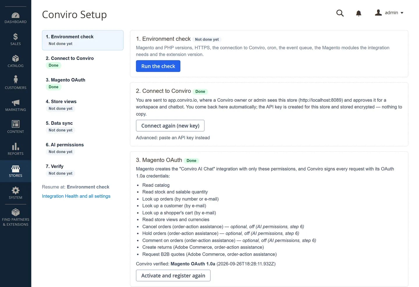 The Conviro setup wizard in the Magento admin with its seven steps and the environment check